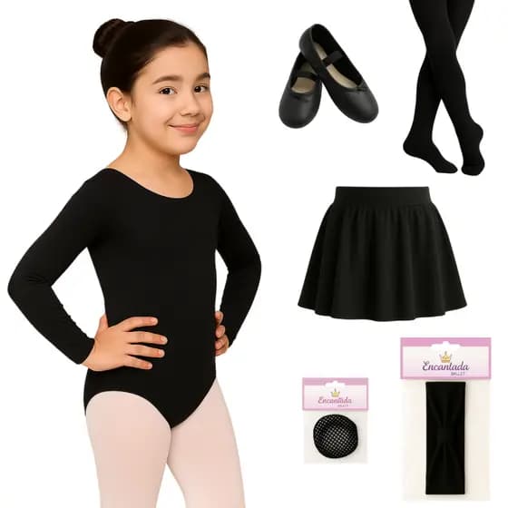 KIT Ballet PRETO Collant Manga Longa + Saia Cós + Rede + Faixa + Meia calça Fio 40 + Sapatilha - 6 peças PRETA