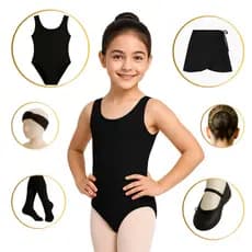 Kit Ballet Completo com 6 Peças PRETO (Tam 2 a 16) Regata, saia Transpassar, Rede, Faixa, Sapatilha, Meia PRETA