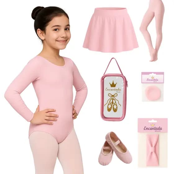 KIT Ballet ROSA Manga Longa + Saia Cós + Rede + Faixa + Meia calça Fio 40 + Sapatilha + Porta Sapatilha