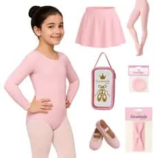 KIT Ballet ROSA Manga Longa + Saia Cós + Rede + Faixa + Meia calça Fio 40 + Sapatilha + Porta Sapatilha