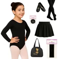 KIT Ballet (7 pç - PRETO) Manga Longa + Saia Cós + Rede + Faixa + Meia Fio 40 + Sapatilha + Bolsa
