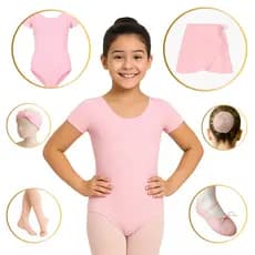 Produto Kit Ballet 6 Peças ROSA (Tam 2 a 16) Manga Curta, saia Transpassar, Rede, Faixa, Sapatilha e Meia ROSA