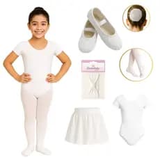 KIT Ballet BRANCO Collant Manga Curta + Saia Cós + Rede + Faixa + Meia Calça fio 40 + Sapatilha - 6 peças BRANCA