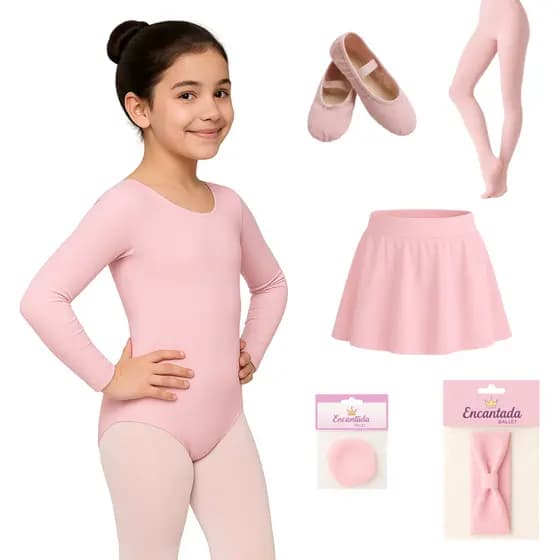 KIT Ballet ROSA Collant Manga Longa + Saia Cós + Rede + Faixa + Meia calça Fio 40 + Sapatilha - 6 peças ROSA