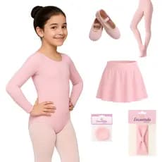 KIT Ballet ROSA Collant Manga Longa + Saia Cós + Rede + Faixa + Meia calça Fio 40 + Sapatilha - 6 peças ROSA