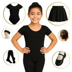 Kit Ballet Completo com 6 Peças PRETO (Tam 2 a 16) Manga Curta, Cós, Rede, Faixa, Sapatilha e Meia PRETA (Envio Imediato