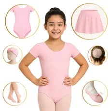 Kit Ballet Completo com 6 Peça ROSA (Tam 2 a 16) Manga Curta, saia Cós, Rede, Faixa, Sapatilha e Meia ROSA