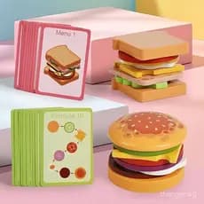 Brinquedo de quebra-cabeça de hambúrguer de madeira, adequado para crianças e educação pré-escolar Montessori, desenvolv