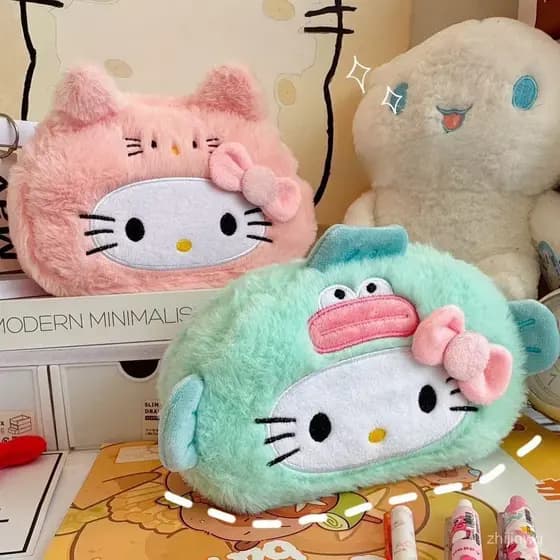 Estojo Protetor de Pelúcia Hello Kitty – Bolsa de Papelaria de Grande Capacidade (Acessórios de Moda Fofos)