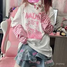 Camiseta de Manga Longa Estilo Japonês Hello Kitty para Estudantes Femininas, Solta e Oversized, Top Y2K