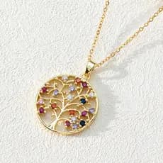 Colar Pendente Árvore da Vida Redondo e Oco da Moda, Colar de Zircônia Banhado a Ouro 18K, Corrente de Clavícula em Aço