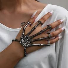 Nova Moda Personalidade Punk Anel de Cinco Dedos em Forma de Caveira e Osso Versátil Pulseira Ajustável com Corrente Int