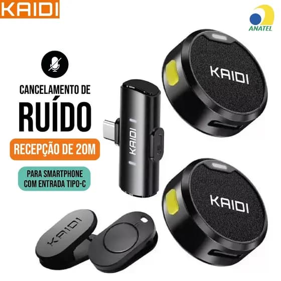 Microfone Lapela Duplo Kaidi Sem fio Portátil Imã Redondo Tipo C iPhone Cancelamento de Ruído Profissional