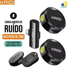 Microfone Lapela Duplo Kaidi Sem fio Portátil Imã Redondo Tipo C iPhone Cancelamento de Ruído Profissional