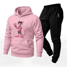 Conjunto Blusa Moletom Canguru +Calça Uniseex Moda Inverno Pantera Cor De Rosa Lançamento