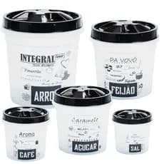 Kit 5 Potes de Mantimentos Plásticos Decorado Preto Frases