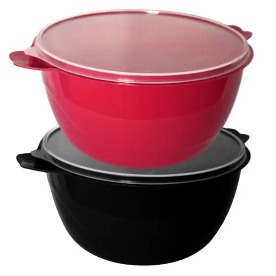 Kit Bowls Saladeiras Grandes 6 Litros 2 Un. Preta e Cereja Plasticos Resistente Bacia C/ Tampa Tigela