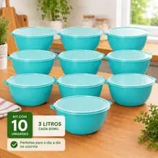 Kit 10 Bowl 3 Litros com Tampa Transparente Pote Tigela Plástica para Alimentos Cozinha 3L