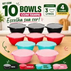 Kit 10 Bowl 3 Litros com Tampa Transparente Pote Tigela Plástica para Alimentos Cozinha 3L
