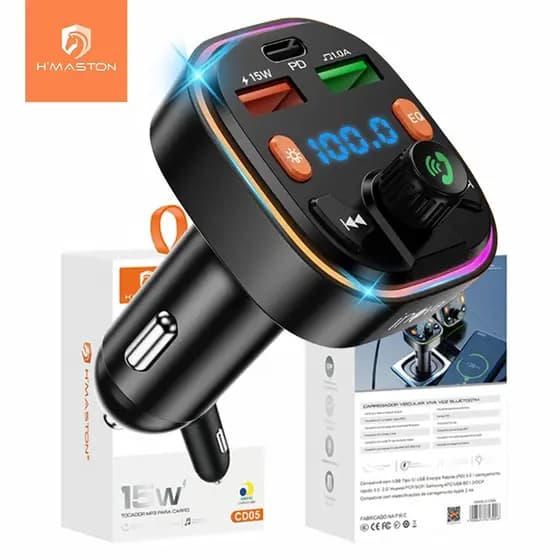 H'MASTON Adaptador Veicular Transmissor FM QC3.0 Bluetooth 5.0 Carregador Veicular Áudio Estéreo MP3 Player