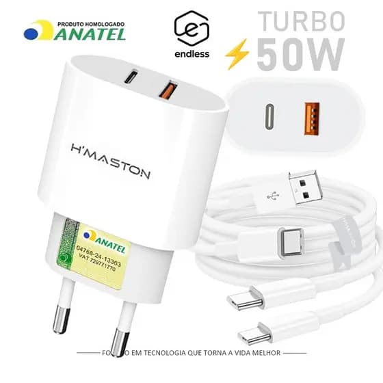 Dual Saídas Carregador Turbo USBA e USBC 50w 2 Saídas Com Cabo Tipo-C