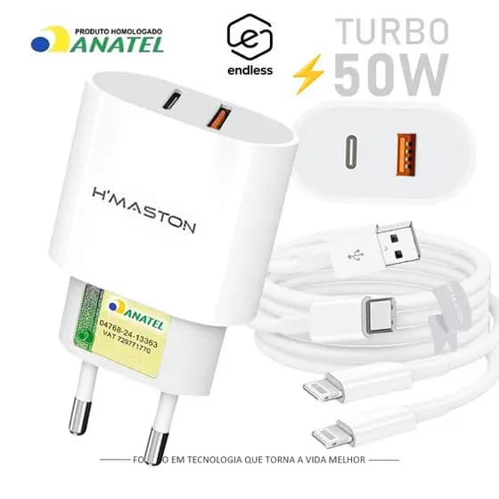 Carregador Turbo 2 Saídas Fonte 50W 2 Entradas USB e USB-C com Cabo Lightning Ultra Rápido