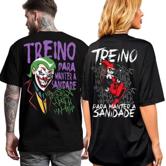 Camiseta Kit Casal Coringa + Arlequina Moda Academia Camisa Basica 100% Algodão top