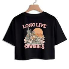 Cropped Country Feminino Long Life Cowgirls Camiseta Femina Curta Sertanejo Country