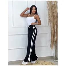 Calça Pantalona Feminina Tecido Duna Com Listras  Laterais Cintura Alta