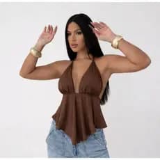 Blusa Bata com Bojo Feminino, Costas Nuas e Amarração no Pescoço, Confortável - Tendência Verão