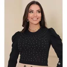 Blusa Cropped Feminina Canelada Com Brilho Frontal  Manga Bufante com Strass – Elegante e Confortável ✨