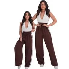Calça Pantalona Feminina  Cintura Alta com Elástico e Listras Laterais – Moda Casual, Confortável, Elegante