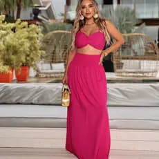 Conjunto Saia Longa com Fenda e Cropped Laço Moda Verão Viscolinho Talita