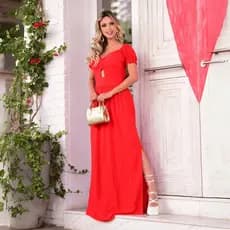Vestido Feminino Longo Manga Princesa Com Bojo E Babadinho Viscolinho Alças Ciganinha Fenda Lateral Leve
