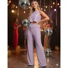 Conjunto Feminino Cropped Alcinha Fixa e Calça Pantalona Luréx Tecido Com Brilho Confortável