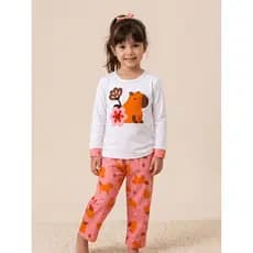 Pijama Feminino Infantil Inverno Conjunto Longo Estampado Fofo Capivara Panda Gato Vaca Confortável