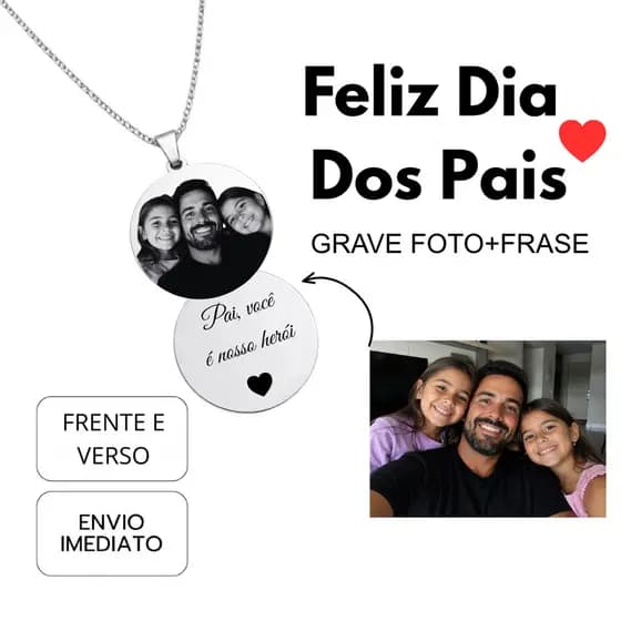 Colar Personalizado Presente Dia Dos Pais Gravação Frente e Verso Foto Frase Alta Qualidade