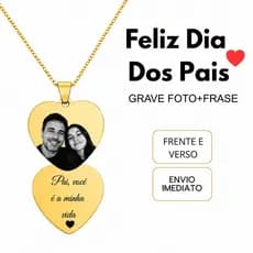 Colar Personalizado Presente Dia Dos Pais Prata Dourada Foto+Frase Frente e Verso Aço Inoxidável