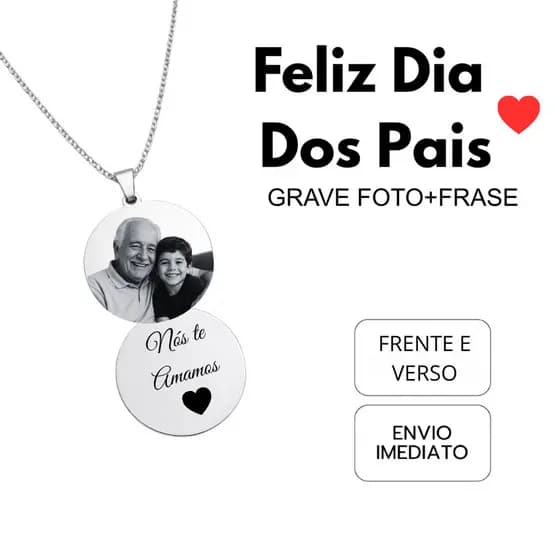 Colar Frente e Verso Presente Dia Dos Pais Personalizado Foto+Frase Gravação Alta Durabilidade