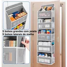 Organizador Suspenso de Porta com 5 Bolsos Grandes e Bolsos Laterais de Malha para Quarto e Banheiro