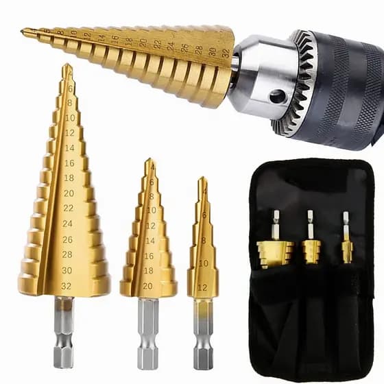 Kit jogo 3 brocas titânio escalonada para aço 12/20/32mm sextavada Broca de Corte Rápido para Madeira Porcelana