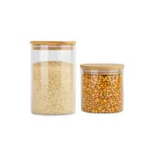 KIT DE POTE DE VIDRO BOROSILICATO COM TAMPA DE BAMBU  PARA CONDIMENTOS CAPACIDADE 1100ML/  750ML