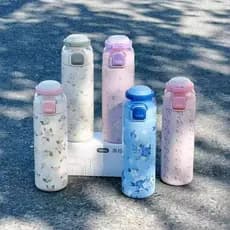Garrafa Copo Termico Feminino Florido Com canudo De Inox 700ML