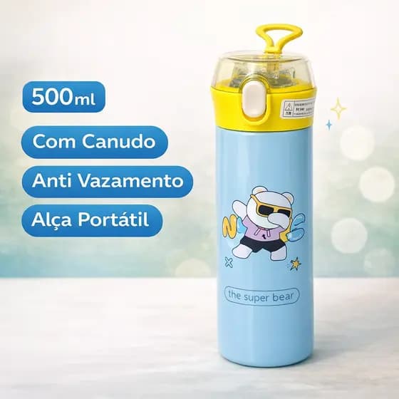 Garrafa Térmica Infantil Inox 500ml Com Canudo Anti Vazamento Alça Escolar