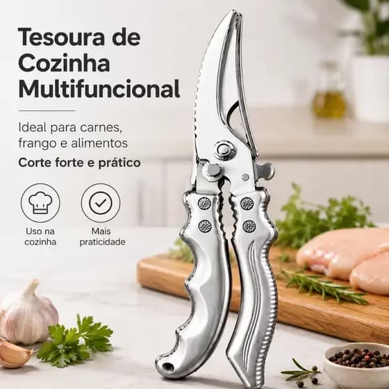 Tesoura de Cozinha Multifuncional para Frango, Carnes e Legumes com Trava de Segurança e Cabo Ergonômico