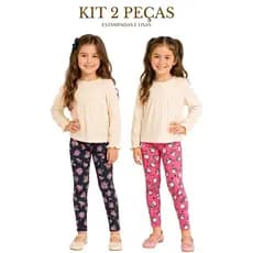 Kit 2 Peças Calça Legging em Cotton Infantil Menina 4 ao 8 anos Estampada e Lisa
