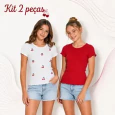 Kit 2 Peças Baby Look Juvenil Camiseta Feminina Babado Fru-Fru  Conjunto Lisa Com Estampada