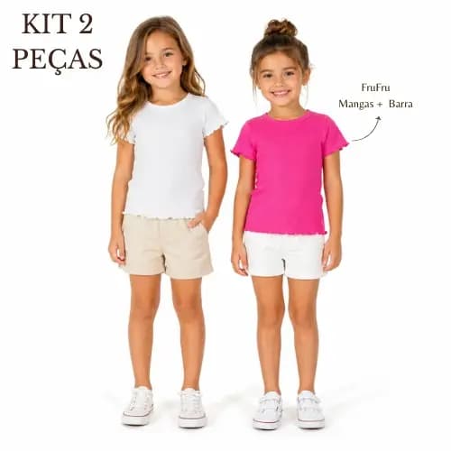 Kit 2 Peças BabyLook Infantil Camiseta Feminina Fru-Fru Babado Confortável