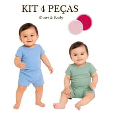 Kit 4 Peças - Body e Shorts Roupa Para Bebê Pagão Mijão Canelado Bory