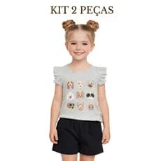 Kit 2 peças Infantil Camiseta Estampada Meia Malha + Shorts Confortáveis e Cheios de Estilo  Meninas